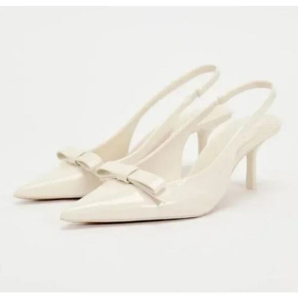 ZARA Womens 6.5/7 White Bow Patent Leather Slingback Heels Pointed Toe Shoes - Picture 9 of 10